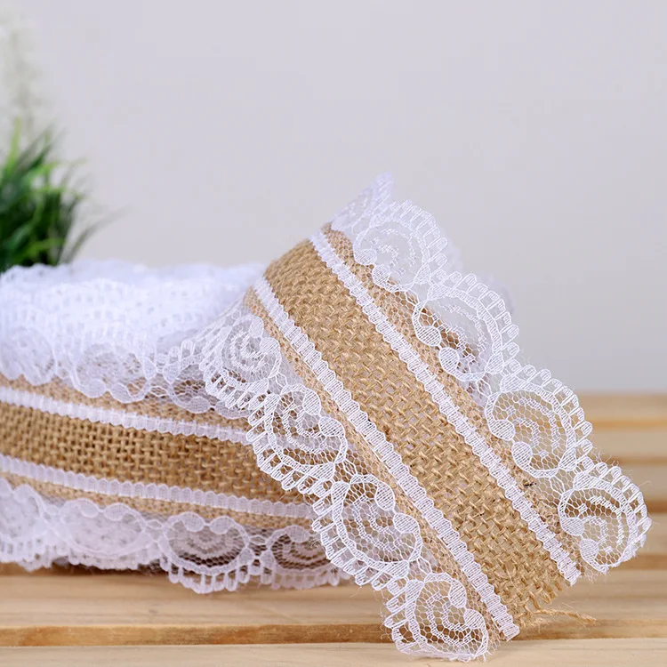 Jute Burlap Ribbons with White Lace Trim DIY Handmade Crafts 2Meters