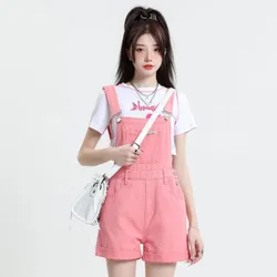 Japanese Harajuku Women's High Waisted Pink Denim Overalls Shorts Vintage Denim Jumpsuit Pants Y2k Clothes Vacation Outfit