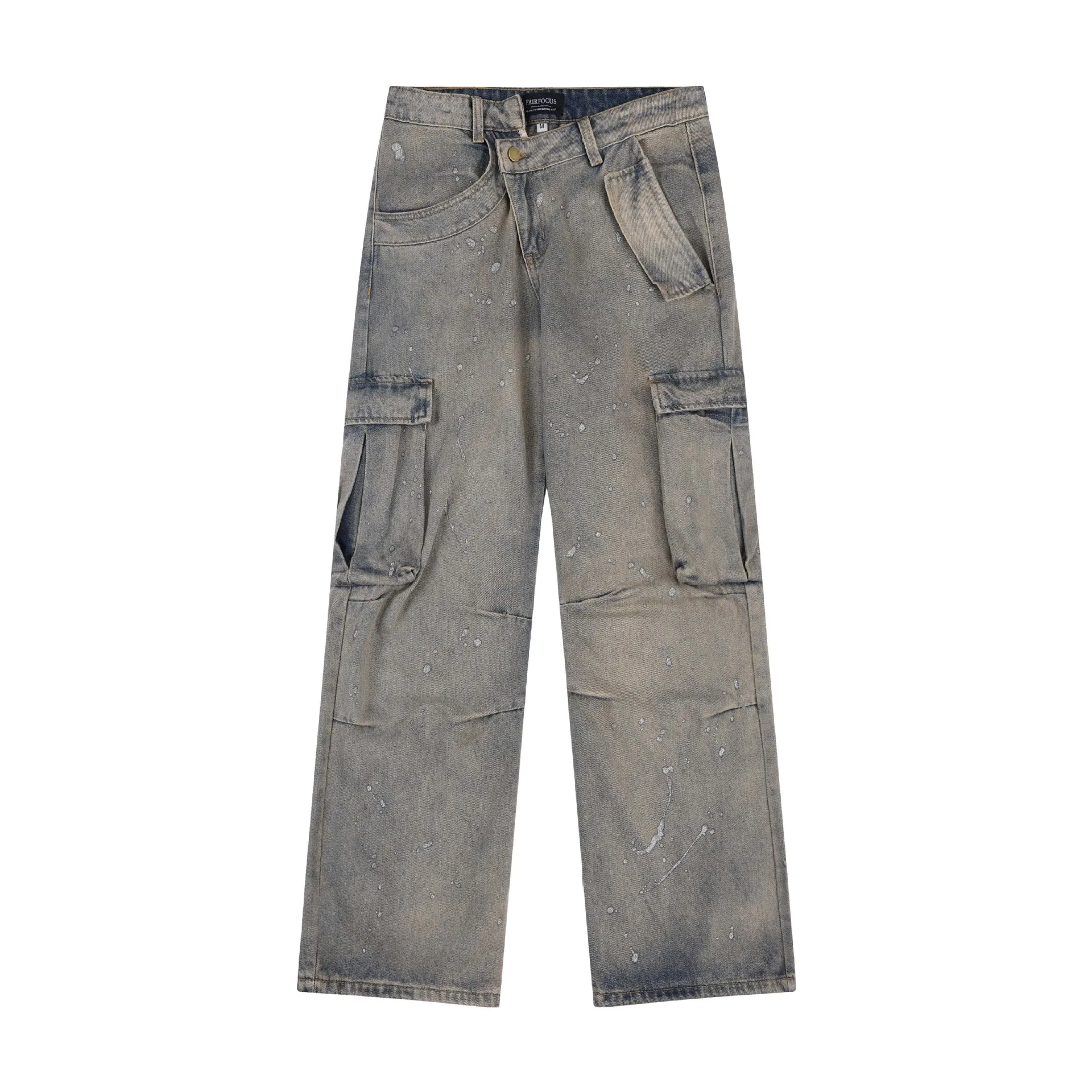 

Personality Design Hip Hop Cargo Jeans With Big Pockets High Street Loose Fit Y2K Denim Pants Washed Vintage Pants Bottoms