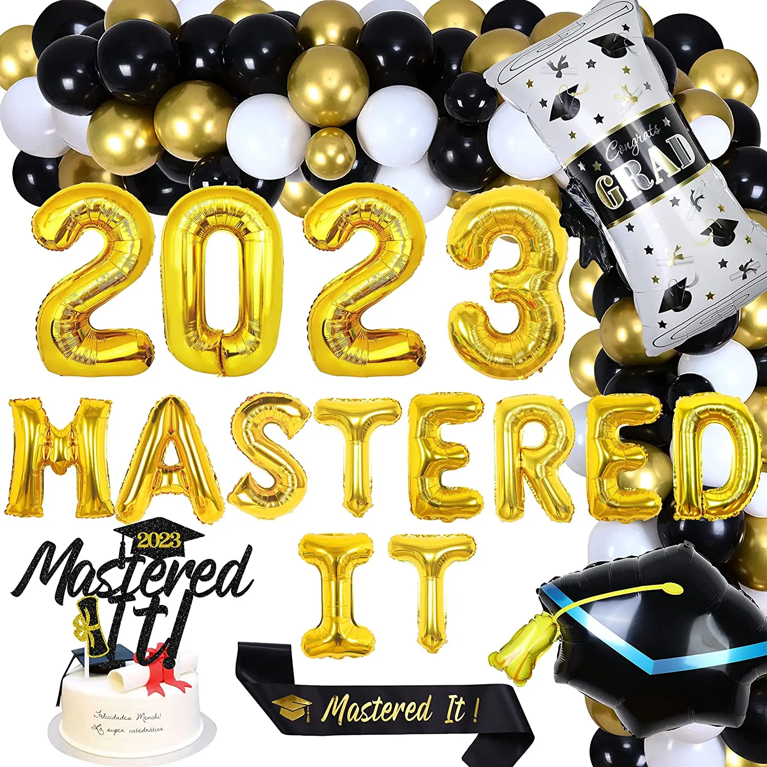 

Sursurprise-Master Degree Graduation Decorations, Mastered It Banner, Cake Topper, Sash, Gold, Black, Balloon, Garland, 2023