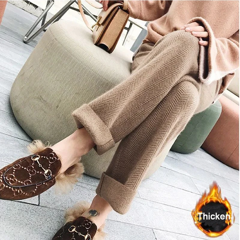 

Woolen pants for women autumn winter loose straight plush thicken floor long pants women high waist elastic knitt wide leg pants