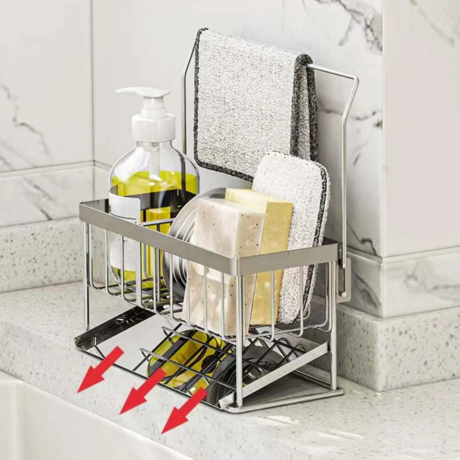 Stainless Steel Sink Drain Rack Free Standing Organization Brush Soap Holder Rustproof Durable Kitchen Sponge Holder