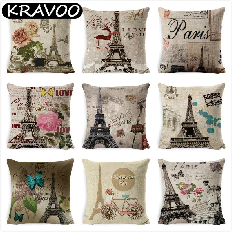 

Cotton Linen Cushion Cover Retro Vintage Franch Paris Tower Pillow Cover Car Sofa 45x45cm Throw Pillowcase Home Decor