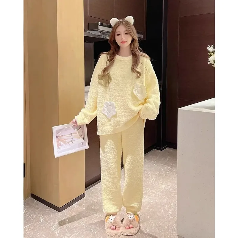 Sweet Pajamas Women Autumn Winter Thickened Long-Sleeved Trousers Homewear Suit Female Casual Round Neck Pure Color Nightclothes