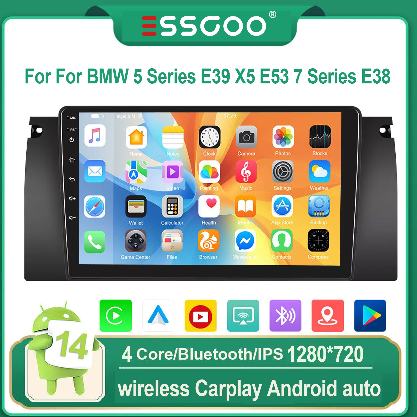 ESSGOO Android 14 Für BMW 5er E39 X5 E53 7er Serie Autoradio 9" HD Touchscreen Wireless CarPlay Android Auto GPS Navigation Lenkradsteuerung WIFI Bluetooth FM USB Mirror Link