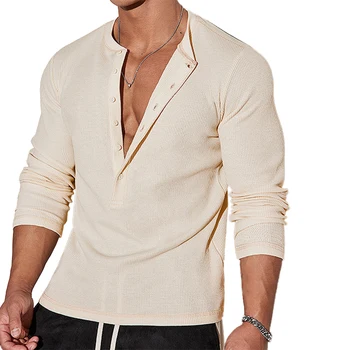 Men s  Fit Henley Shirt Solid Color Long Sleeve Button-up Round Neck Stretchy Casual Tops for Fall Streetwear Workout 3