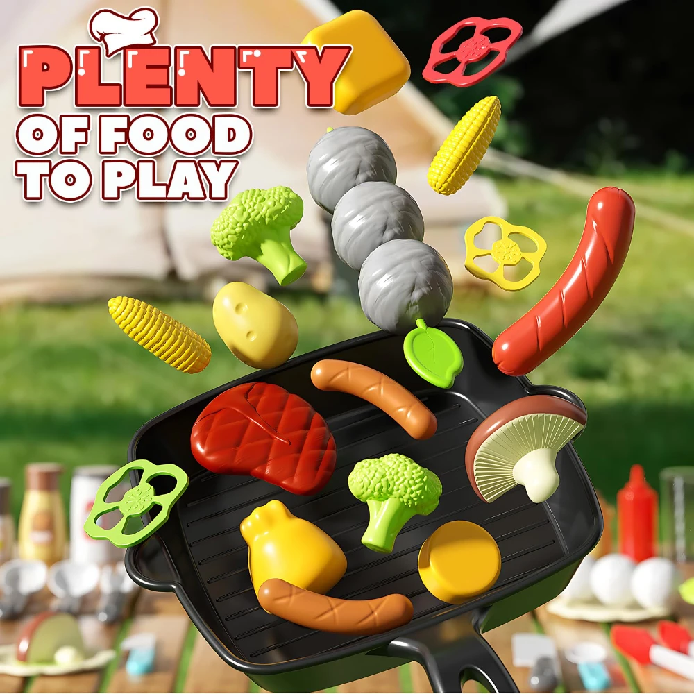 WizKidz Toy BBQ Grill Set For Kids Outdoor Pretend Play Cooking Barbecue Interactive Playset For Boys Girls Kitchen Accessories