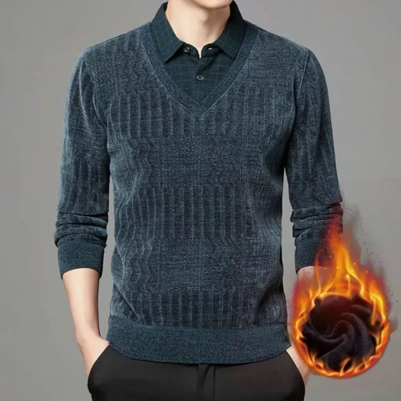 Lantern Long Sleeve Casual Pullover Men's Clothing Round Neck Turn-down Collar Fake Two Pieces Hoodies Autumn Winter Tops 3