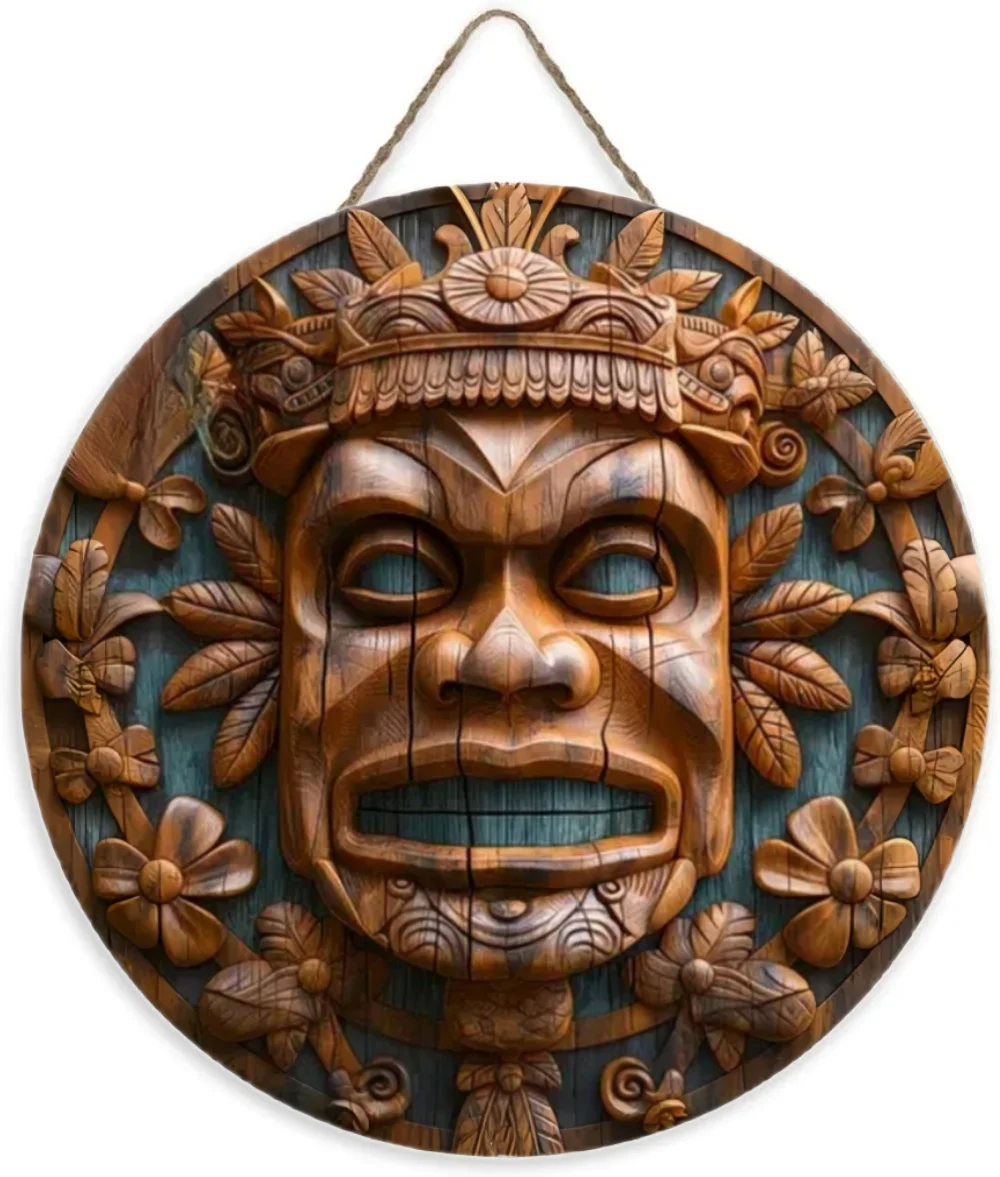 Hawaiian Tiki Warrior Metal Wall Art Disc Tropical Island Decor Round Sign 8in