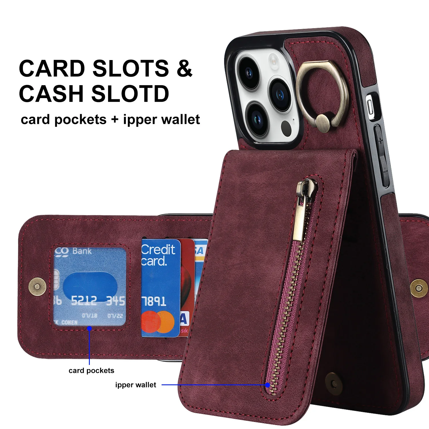 

6PCS Creative Wallet Leather Protective Cover For iPhone 13 12 11 Pro Max Case Convenient Cash Pocket Phone Case With Ring