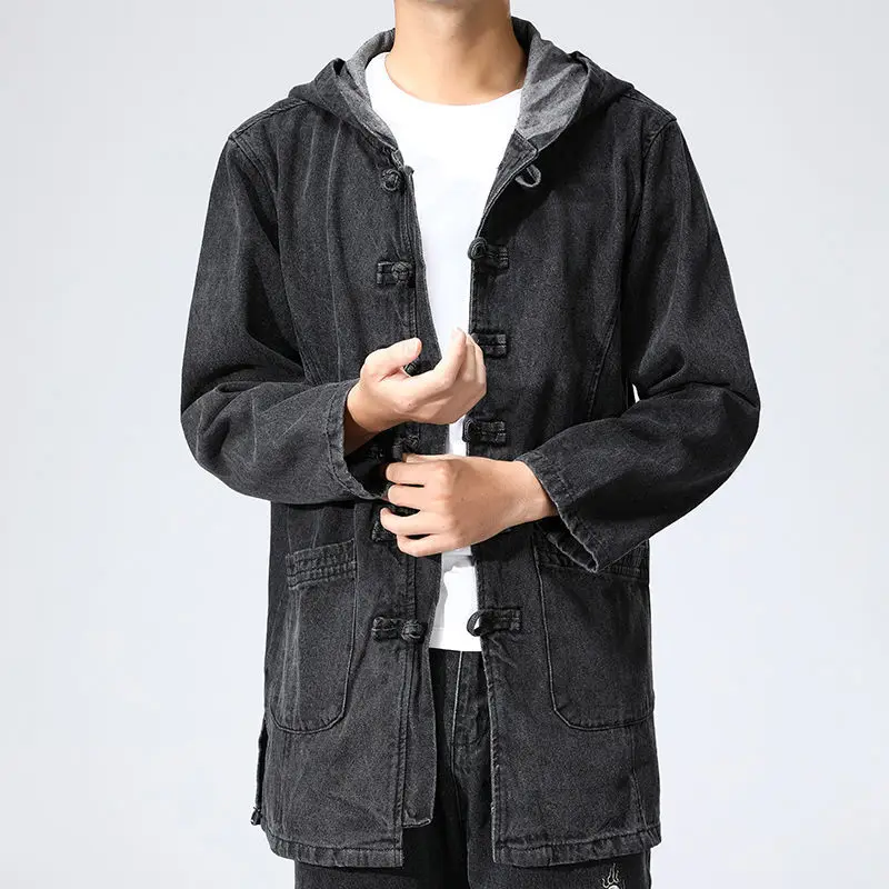 

Chinese Wind Brand Men's Jacket Trendy Denim Hooded Jacket Streetwear Long Jacket Men's Hip-hop Retro Windbreaker Coat
