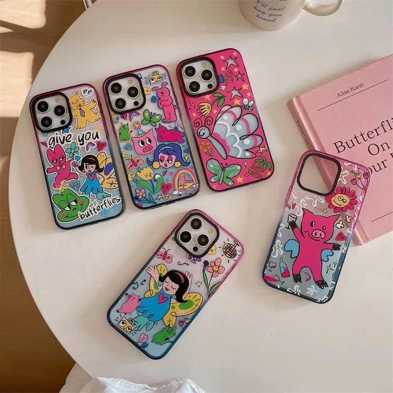 

Cartoon Pig Butterfly 2.0 Acrylic Colorful Border Phone Case Cover for IPhone 11 12 13 14 15 Pro Max Case for IPhone 15 Pro Max