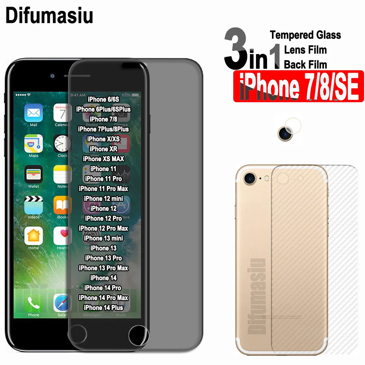 Protector de pantalla de cristal templado para iPhone, protector de pantalla 3 en 1 para iPhone SE 20 22, 13, 12, 11, 14 Pro Max, XR, XS MAX, 6S, 7, 8 Plus