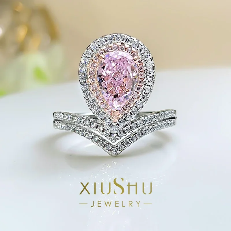 Desire Water Drop A Forma Di Pera Cherry Blossom Pink Diamond Ring Queen Crown Gift Temperament 925 Silver Versatile Pop Sweet