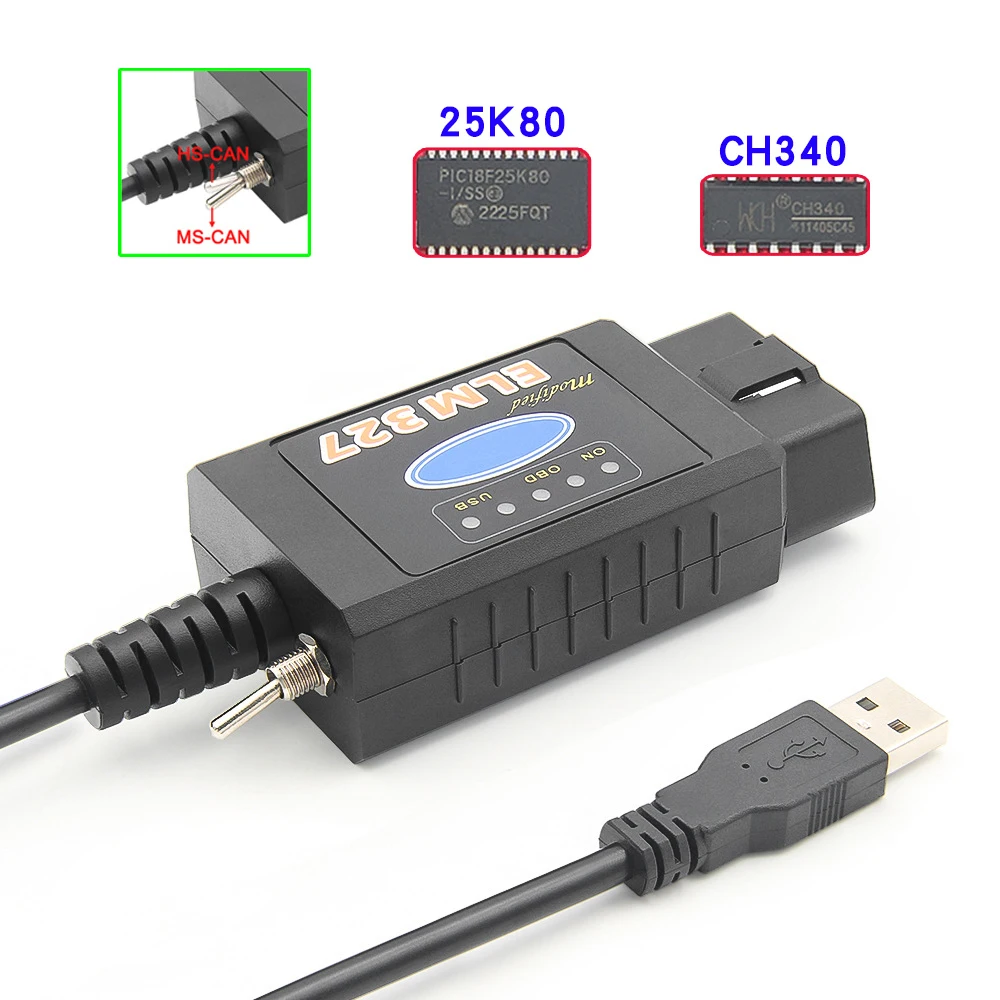 ELM327 USB V1.5 With Switch CH340T 25K80 chip modified for Ford Forscan FoCCCus HS CAN and MS CAN car OBD2 diagnostic tool 2