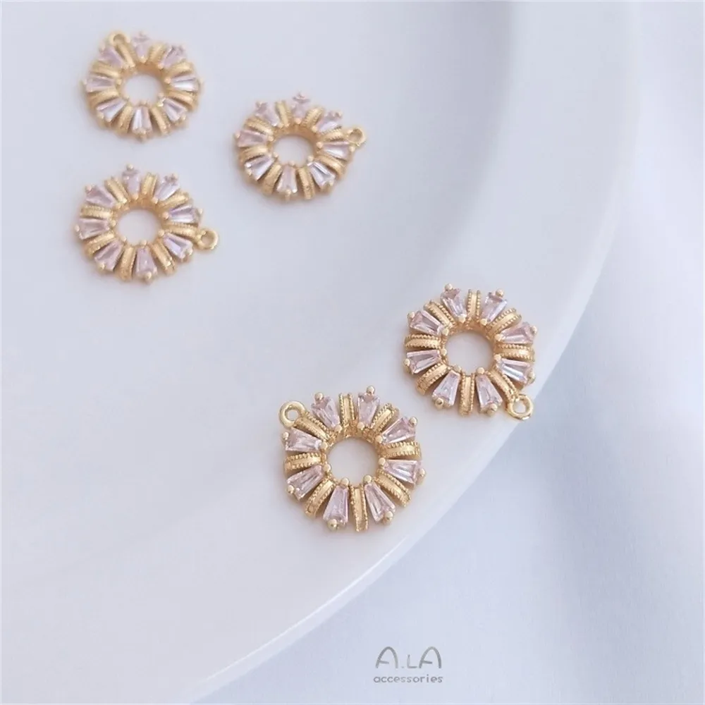 14K Gold-plated T-square Zirconium Wreath Pendant with Zirconia Round Ring 925 Silver Needle Earrings DIY Handmade Accessories