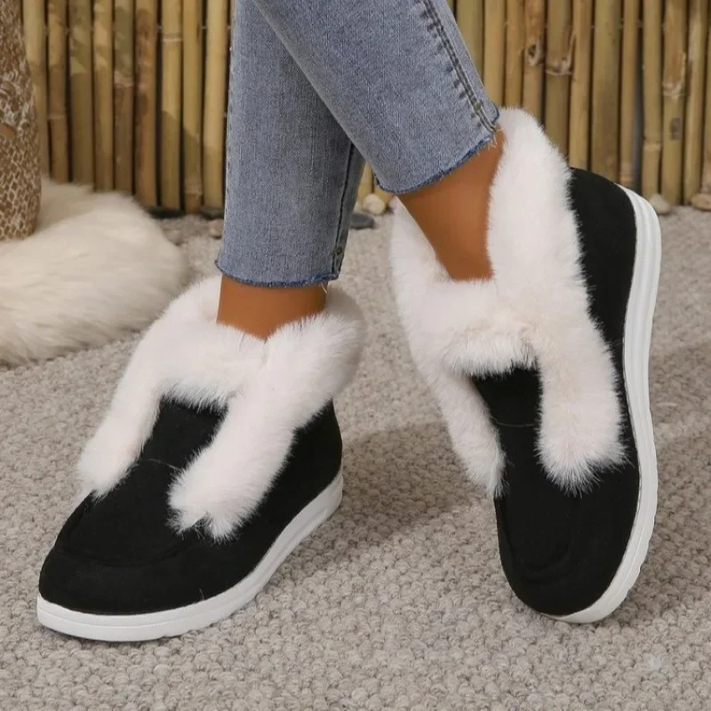 Women Designer Suede Leather Booties Winter New Warm Plush Fur Snow Boots Ladies Slip on Non-slip Platform Shoe Zapatos De Mujer