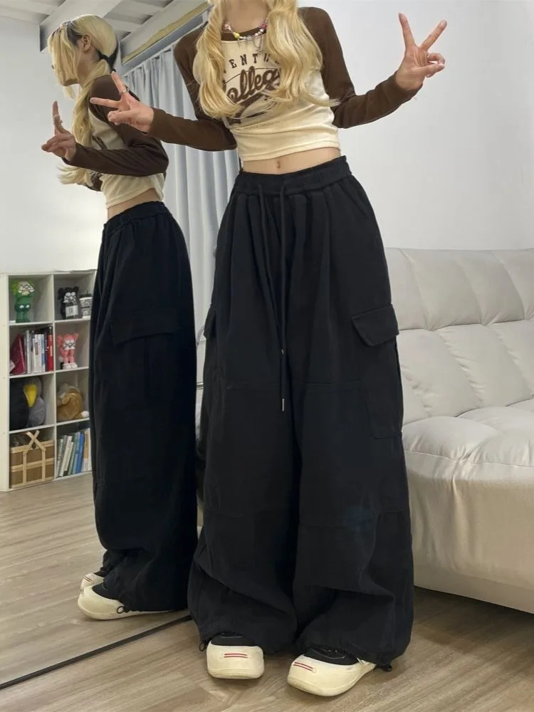 HOUZHOU Vintage Baggy Cargo Pants Women Y2k Sweatpants Drawstring High Waist Pocket Patchwork Wide Leg Pants Oversize Trousers