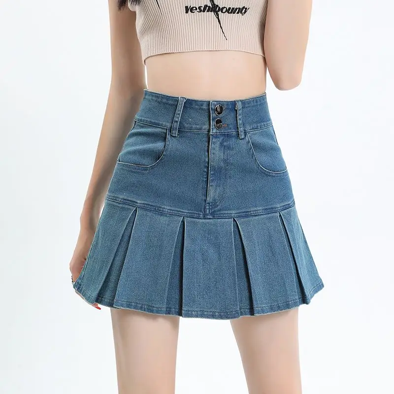 

Vintage Denim Pleated Skirts For Women High Waist Summer Mini Skirt Female Safe Shorts Jupe Casual Bottoms 1610