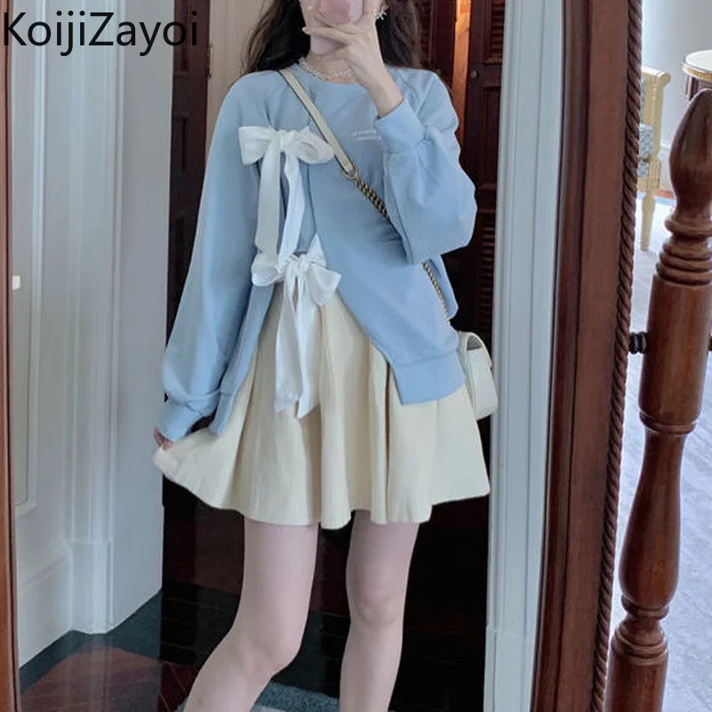 

Koijizayoi Sweet Women Bow Two Pieces Set Solid Loose Split Hoodies Solid High Waist Mini Short Ruched Skirt Spring Outfits 2022