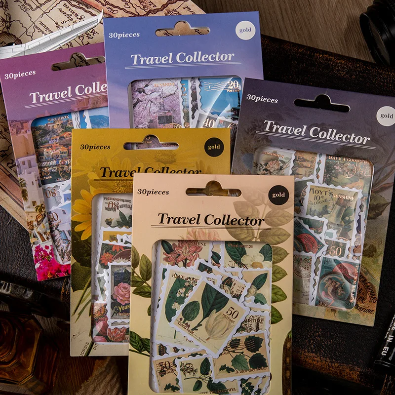 6 stili, 30 adesivi decorativi dorati a tema filatelistico da viaggio, per fai da te, scrapbook, etichette, diario, cancelleria, album, quaderni - immagine 4