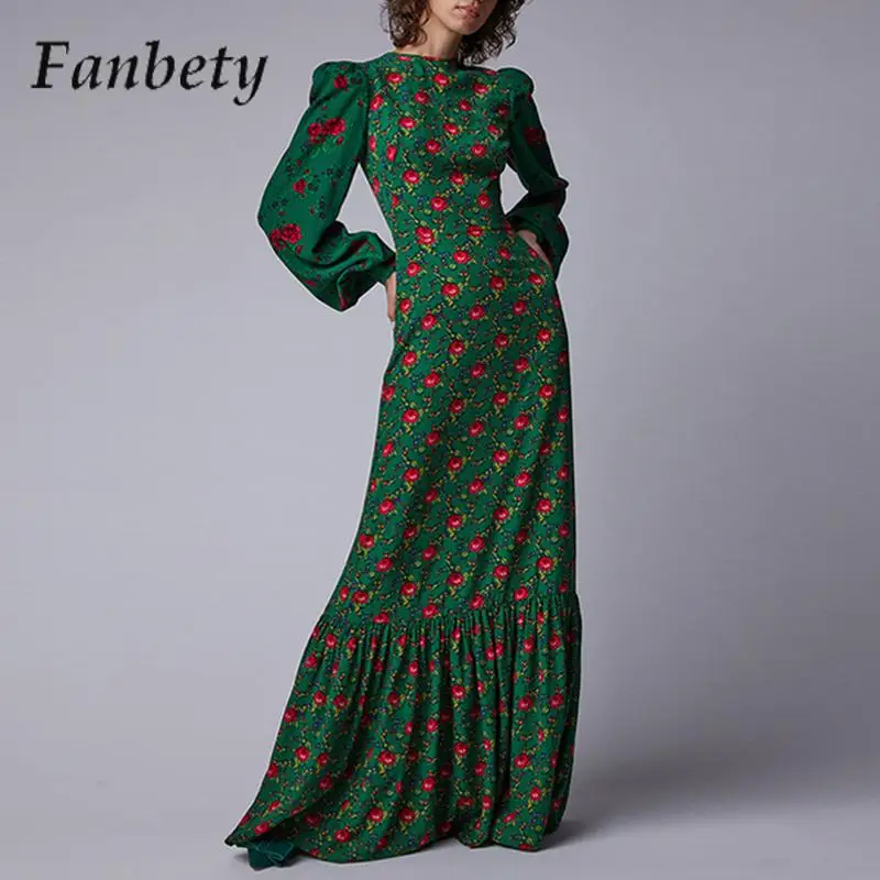 

Sexy V-Neck Bohemian Lantern Sleeve Maxi Dress Women Print A-Line Lace-Up Evening Dress Fashion Holiday Splicing Fleece Dresses