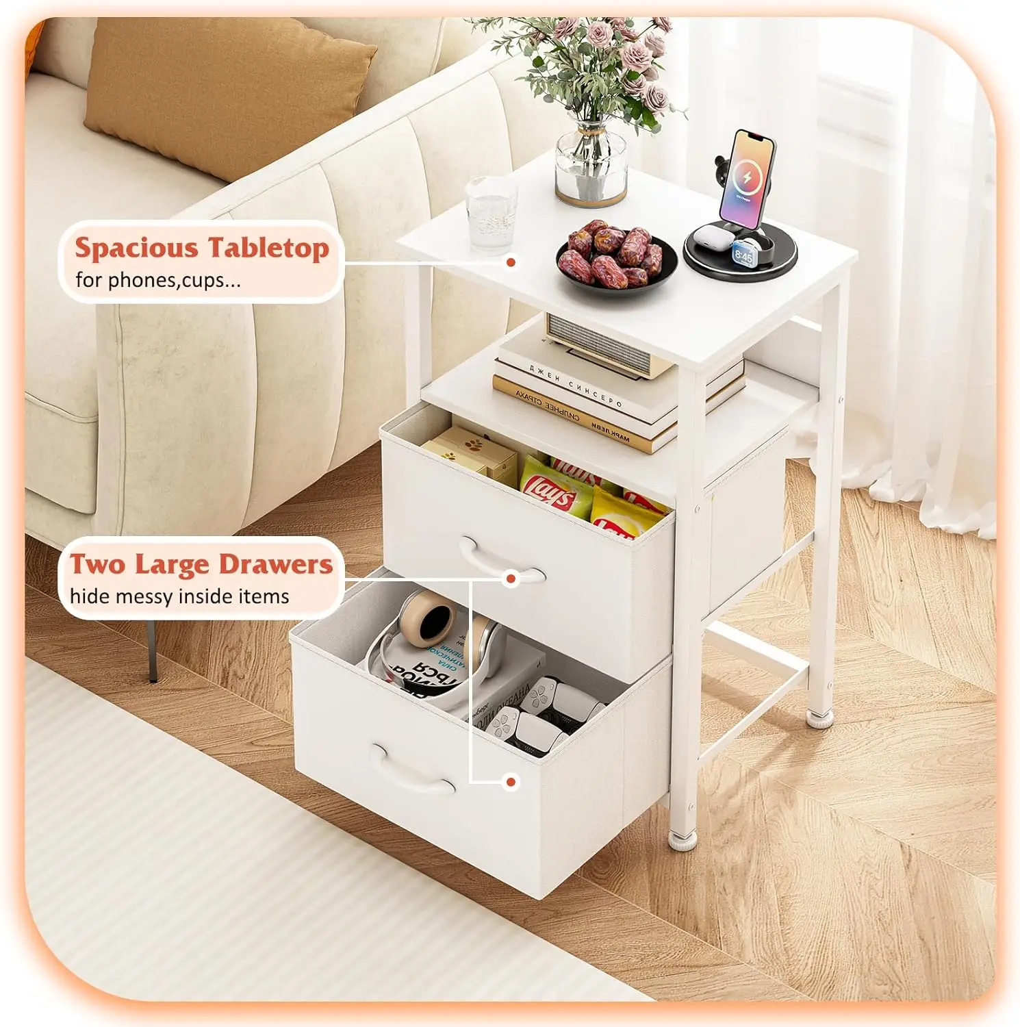 طاولة جانبية للسرير مع أدراج ورف مفتوح، طاولة قهوة...