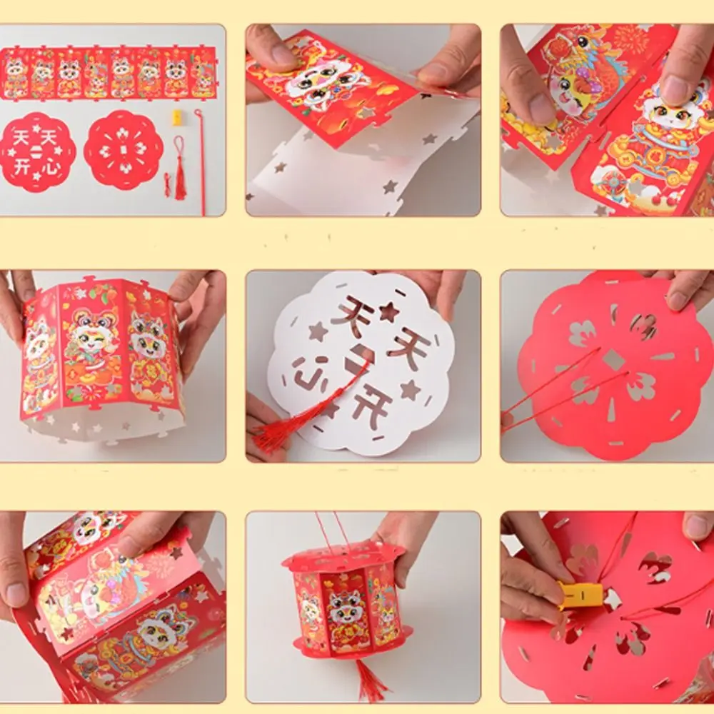 Cartoon Zodiac Horse Lantern with Tassel Handmade Spring Festival Lantern Projection Feature Blessing Words Handheld Lantern