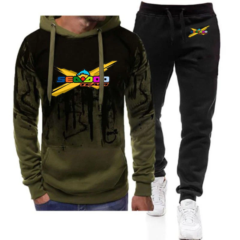 2023 Spring Autumn Sea Doo Seadoo Moto Logo Print Long Sleeve Gradient Color Hoodies Casual Coat+Sport Trousers High Quality Set
