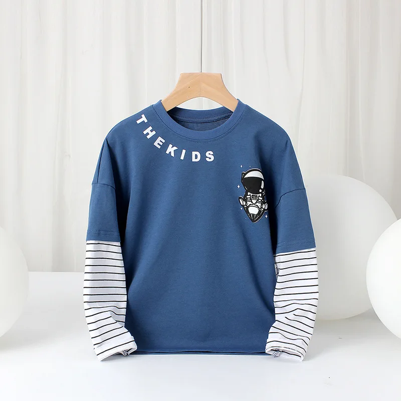 

New Autumn Long Sleeve Tshirts Boys Cotton Children O-neck Fake Two Pieces Tops for Teenage Spring Stripe Clothes 6 8 12 14Years