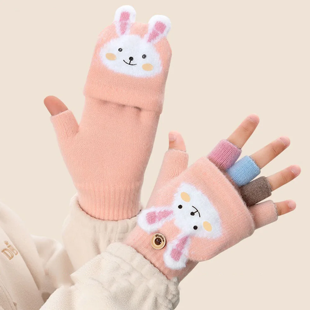 Cute Rabbit ears Children Half Finger Gloves Soft Warm Woolen Five Finger Gloves for Kids Knitted Mittens Warm Flip