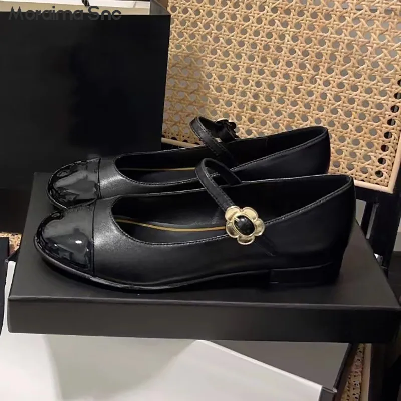 Flower Buckle Strap Mary Jane Leather Shoes Thick Heel Low Heel Round Toe Color Matching Buckle Strap Comfortable Women's Shoes