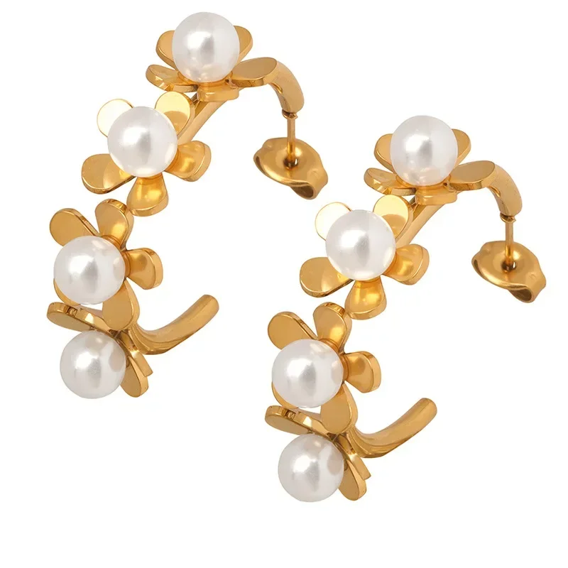 

Imitation Pearl Flower Earrings For Women Hoop Dangle Ladies 2023 Gift Fashion Jewelry