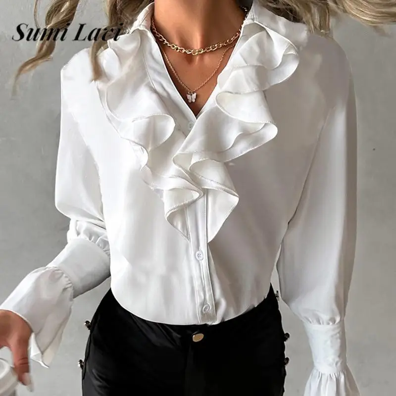 

Autumn V Neck Solid Color Tops Blouse Fashion Simple Flared Sleeve Single-breasted Shirt All-match Pleated Ruffled Women Shirt