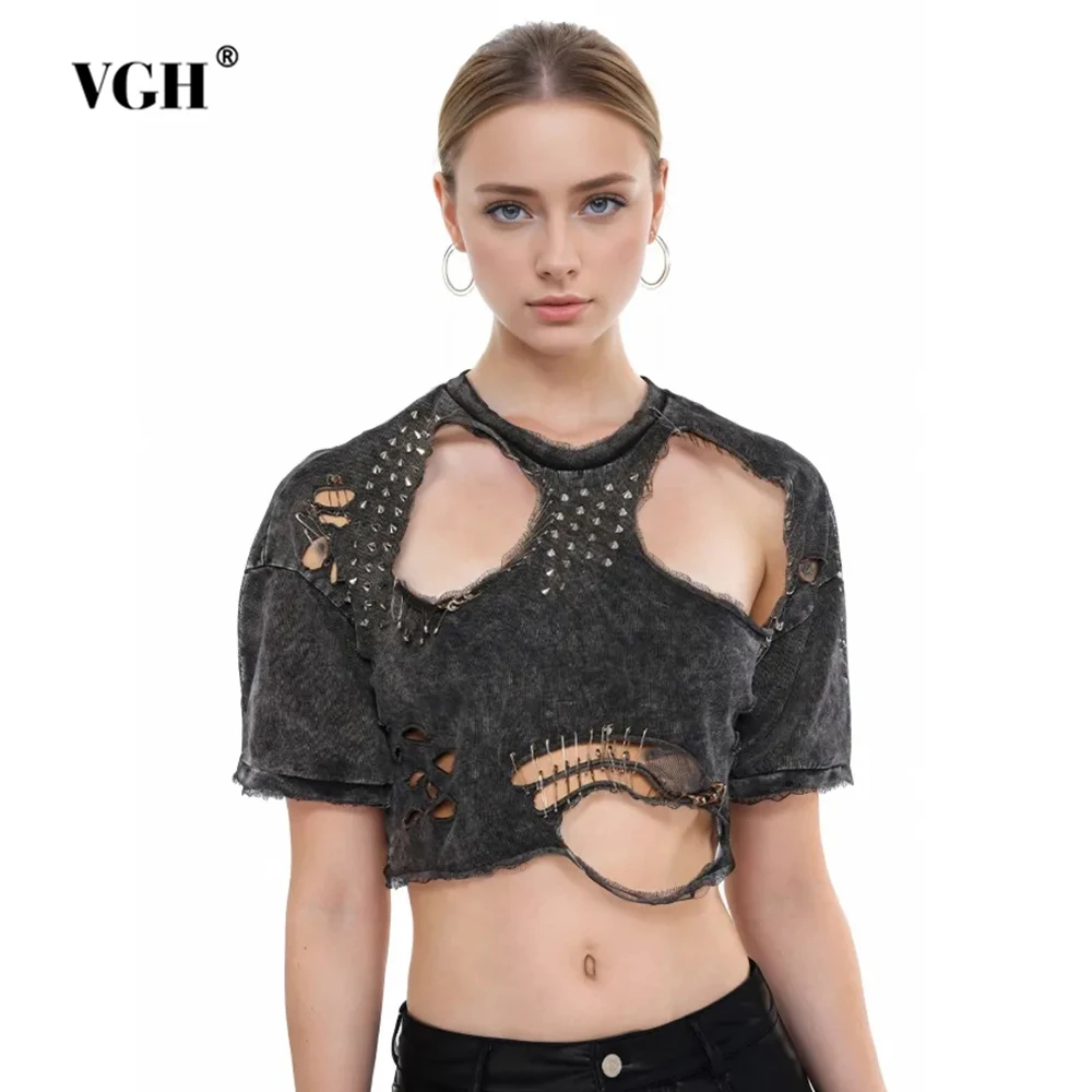 

VGH Solid Patchwork Metal Hollow Out T Shirt For Women Round Neck Short Sleeve Streetwear Loose Shrot Tops Female Fashion New