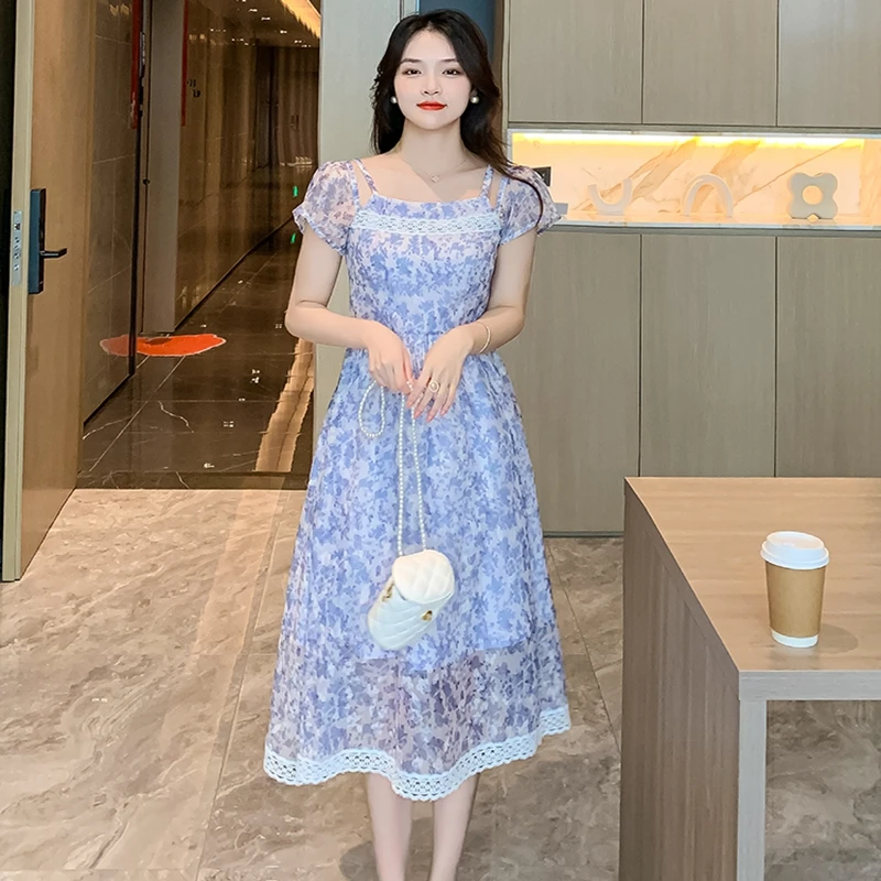 

2023 New Summer Dress Retro Romantic Waist Wrap Fragmented Flowers Sweet And Slim Temperament Free Shipping