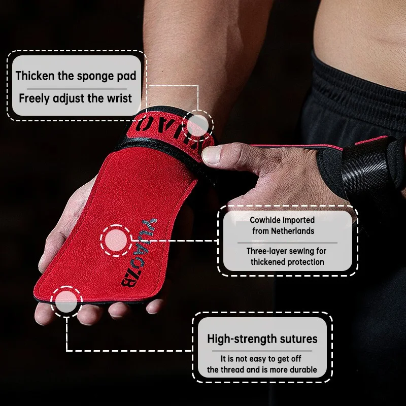 Thickened Gym Grips 4mm Cowhide Palm Guards Weightlifting Fitness Workout Gloves Grips with Wrist Wraps Training Equipment 2