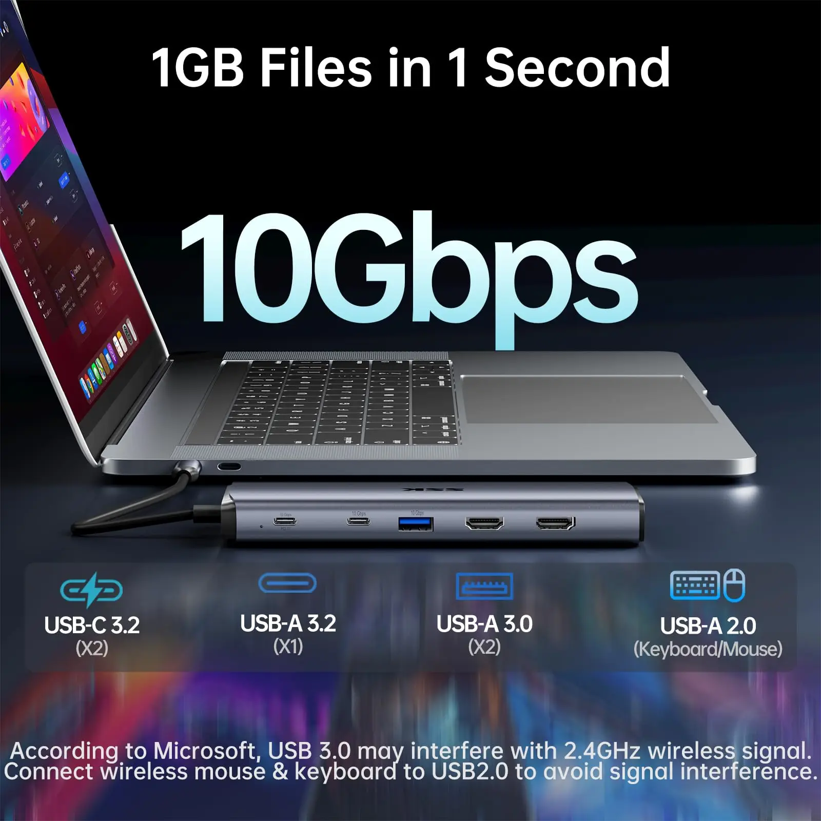 SSK USB C Dock 10Gbps USB C Hub 10Gbps 8K Dual HDMI Ethernet PD100W Thunderbolt Laptop USB Splitter For Macbook PC Accessories 2