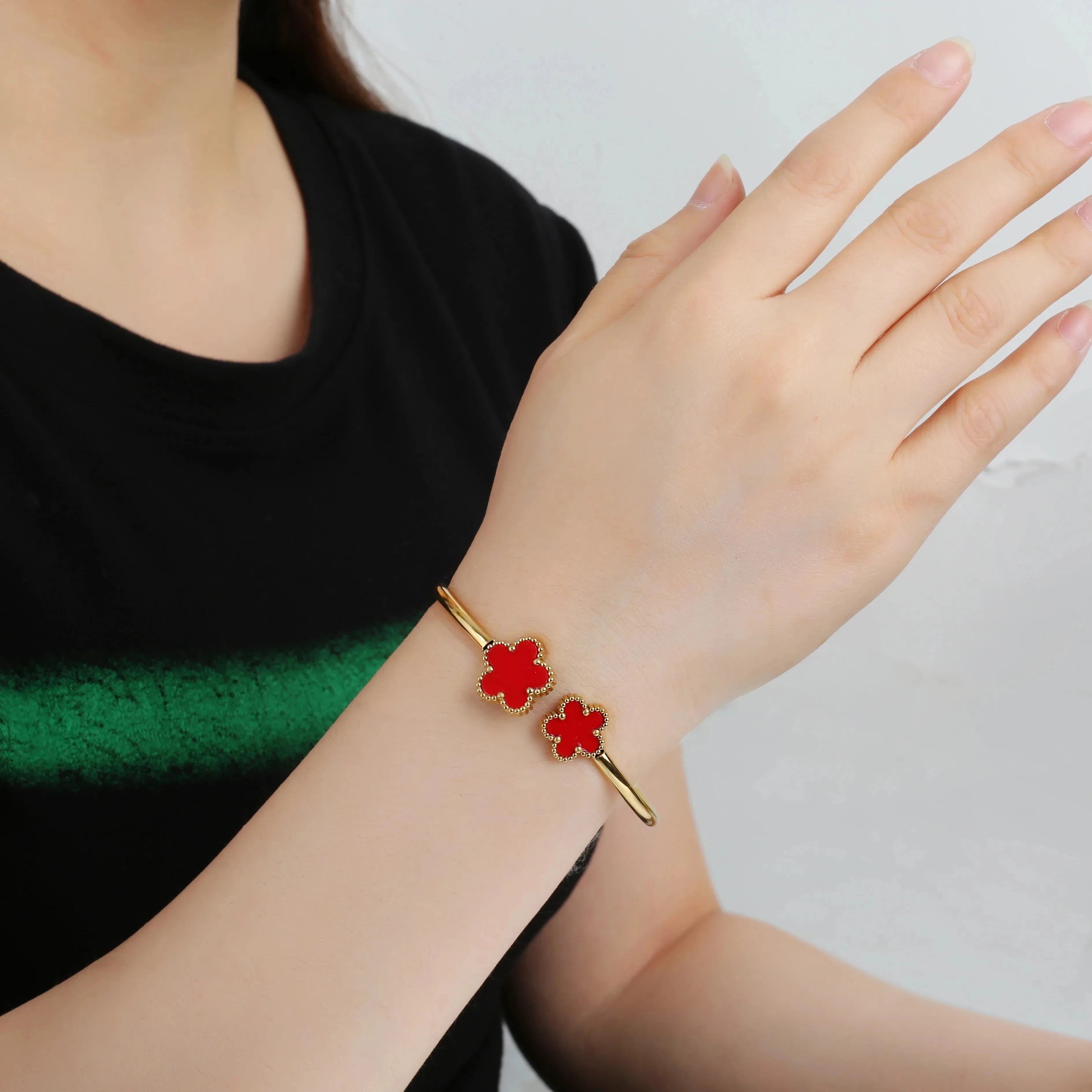 Stainless Steel Bangle Bracelet 7 Color Five-leaf Grass Earring Jewelry Set Clover Women's