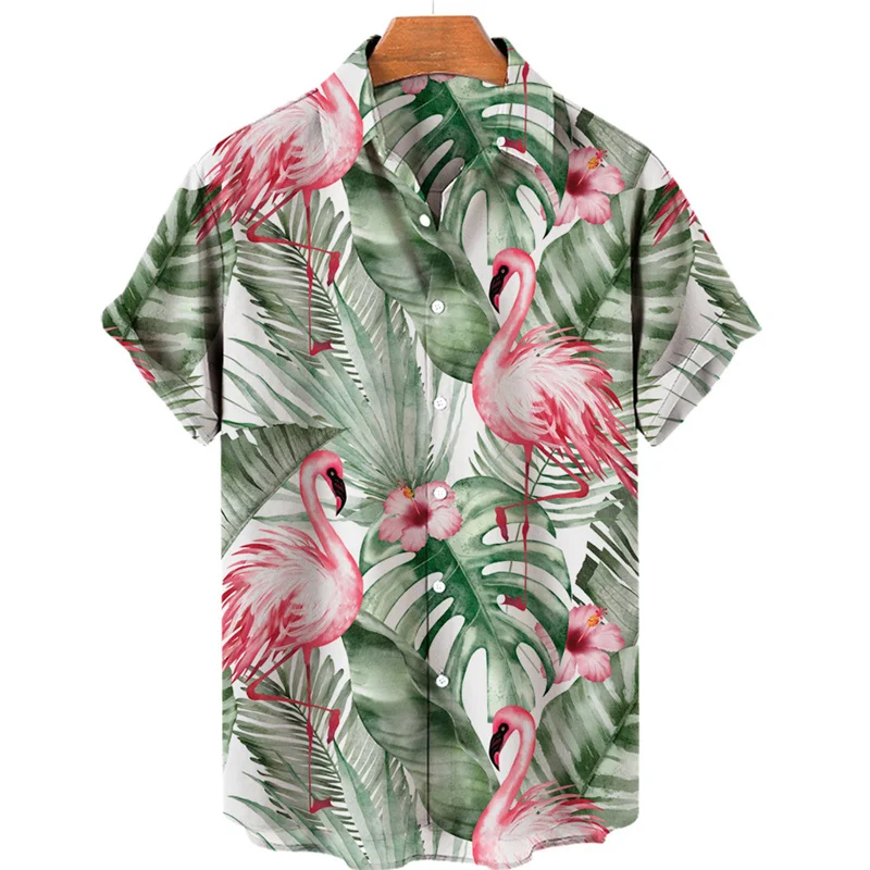 Tropical Jungle Flamingo 3d Print Hawaiian Shirt For Men Summer Street Short Sleeves Tops Harajuku Lapel Button Loose Blouse 3