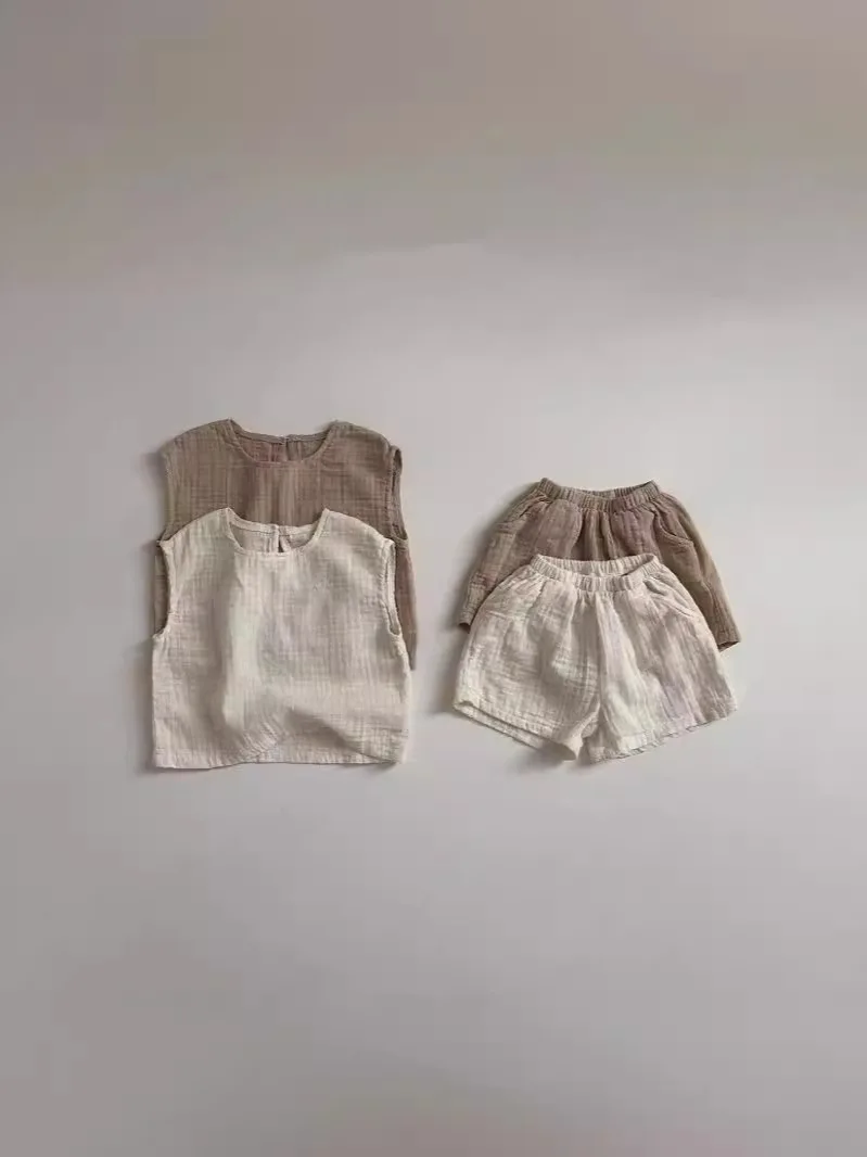 2025 Summer New Baby Sleeveless Clothes Set Infant Boy Girl Solid Breathable Vest + Shorts 2pcs Suit Toddler Versatile Outfits 5