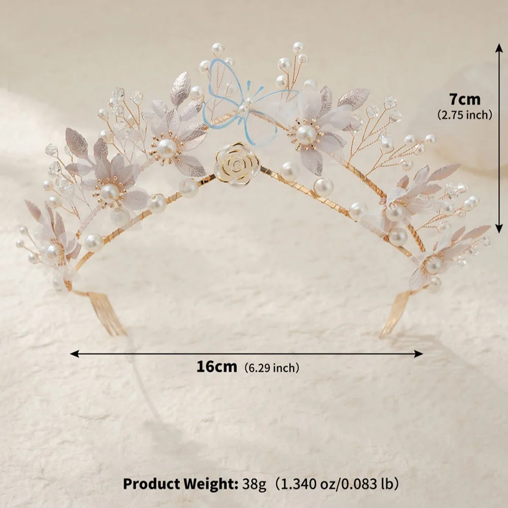 SLBRIDAL Handgefertigte Kristall-Strass-Perlen Blumen-Blatt Braut-Tiara Stirnband Hochzeitskrone Haaraccessoires Damen Mädchen Schmuck – Detail 26