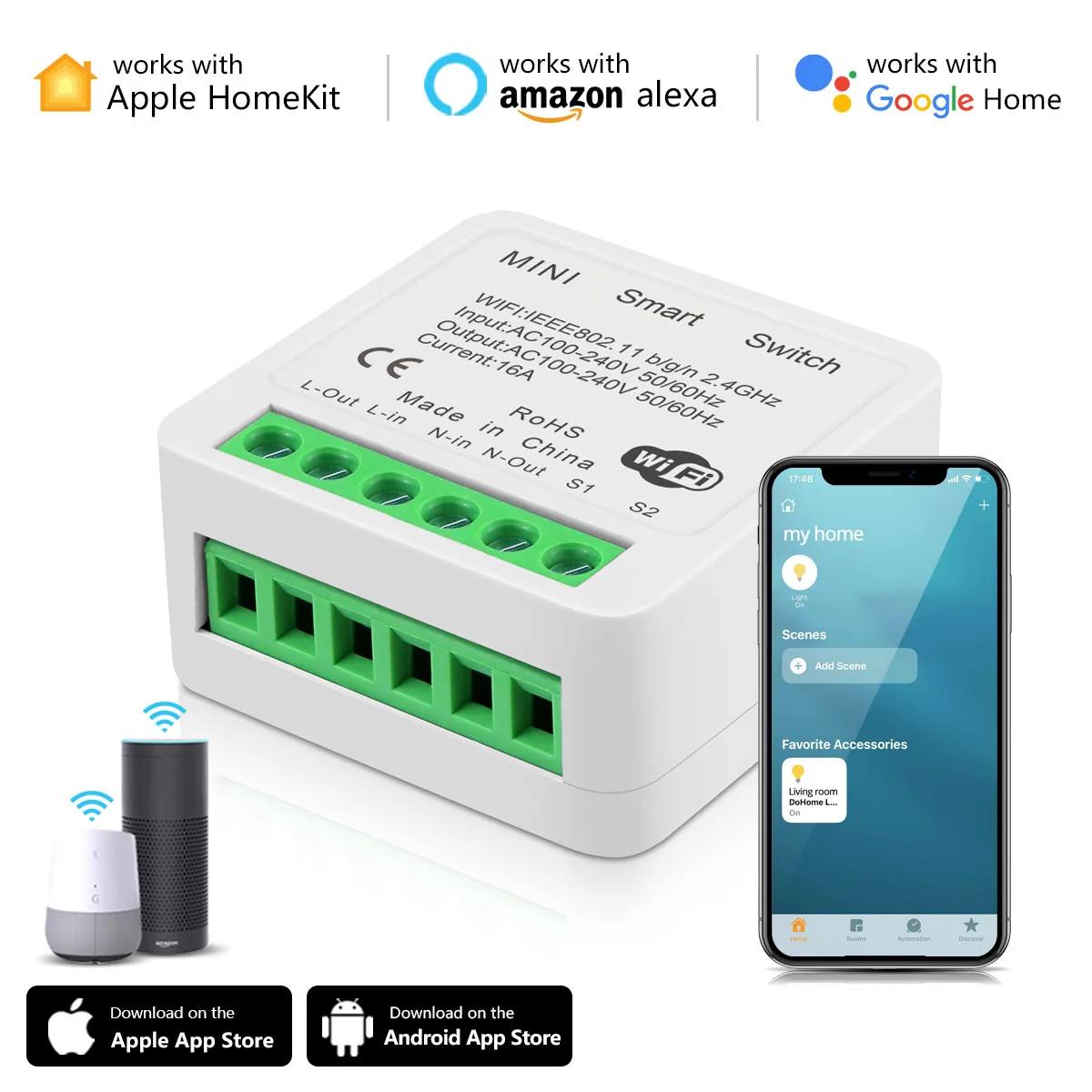 

Умный Wi-Fi релейный выключатель Apple HomeKit, модуль мини-выключателя, 16 А, беспроводное Голосовое управление, работает с Siri Alexa Google Assistant Home