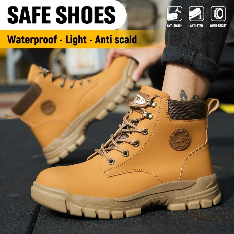 2024 New Anti-smash Work Safety Boots for Men, Steel Toe Shoes, Puncture-proof, Indestructible, Waterproof Sneakers Brown Boots