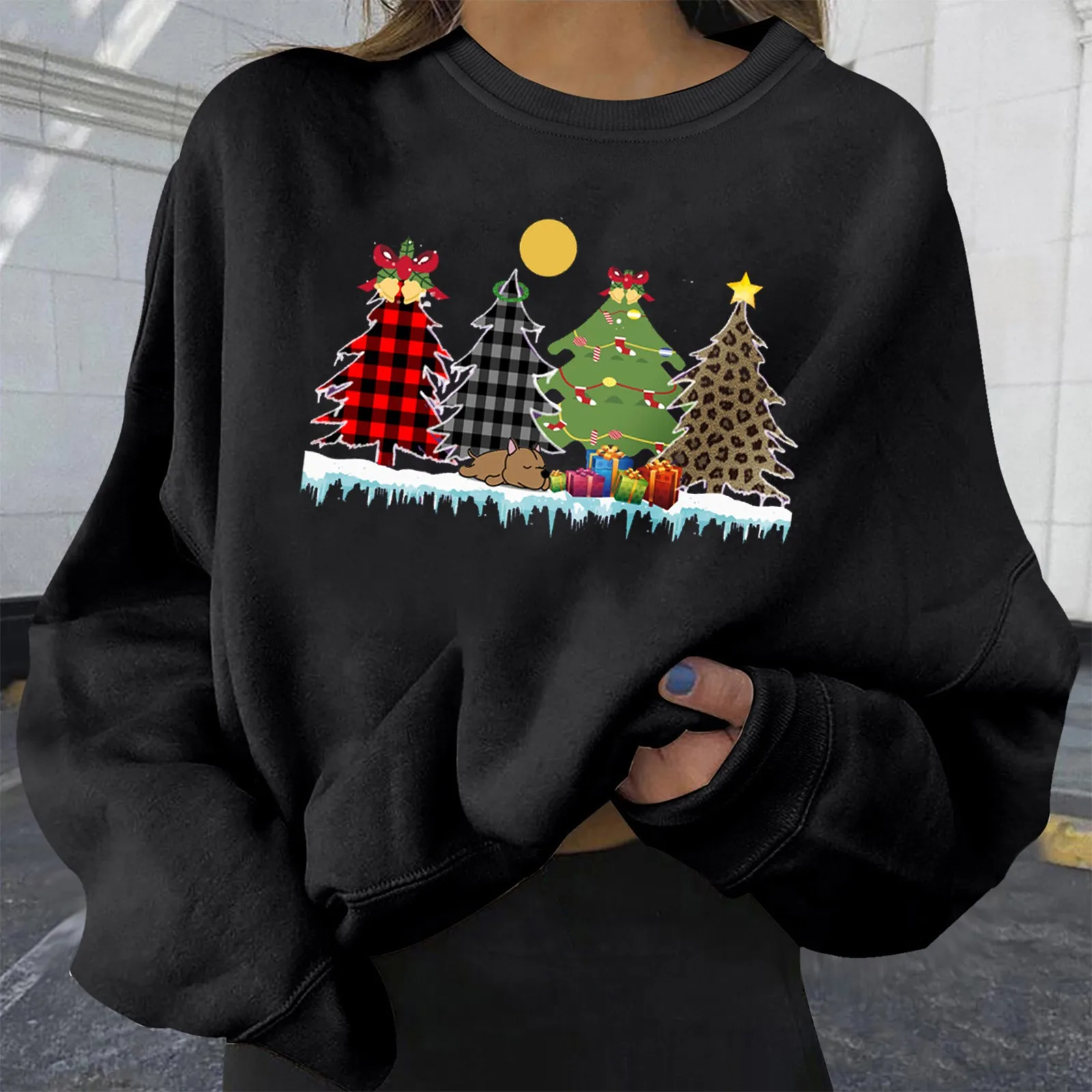 red green Christmas tree hoodies warm black sweatshirts kpop y2k ladies coat long sleeve velvet  xmas shirts oversize sweater