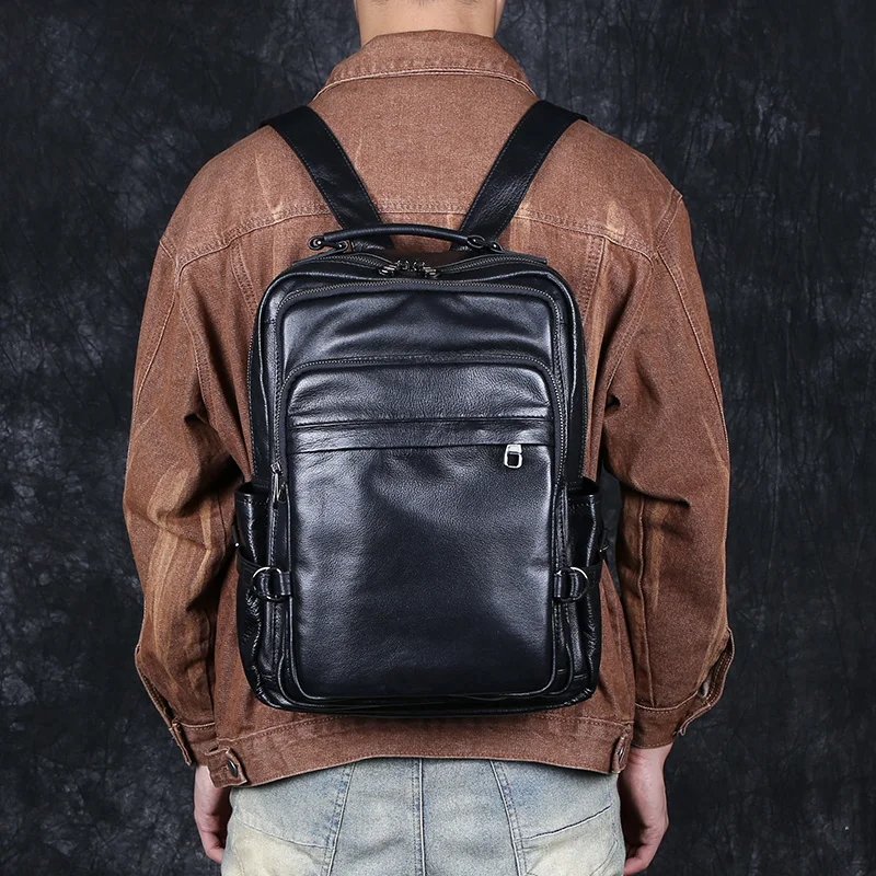Leather Double Shoulder Baotou Layer Cowhide Backpack Men's Business Computer Bag New Leisure All-Match Travel Schoolbag 3