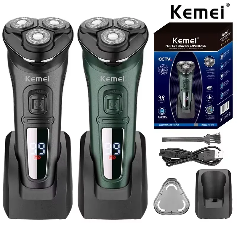 Kemei LCD 디스플레이 남성용 방수 전기 면도기 습식 건식 목 수염 전기 ..
