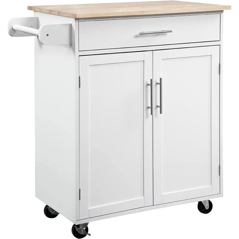 

Kitchen Island Cart Rolling Trolley Cart with Drawer, Storage Cabinet & Towel Rack, White