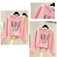 Sweat à capuche imprimé plumes pour femmes, mode automne hiver, Plus velours, décontracté, ample 5