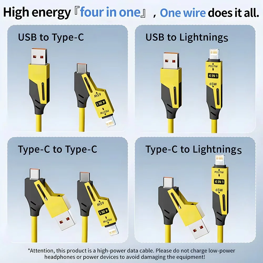 4 in 1 65W Spring USB Cable 6A Fast Charging Telescopic Cord for IPhone13 15 16 17 Pro Max Type C Quick Charger Wire for Samsung